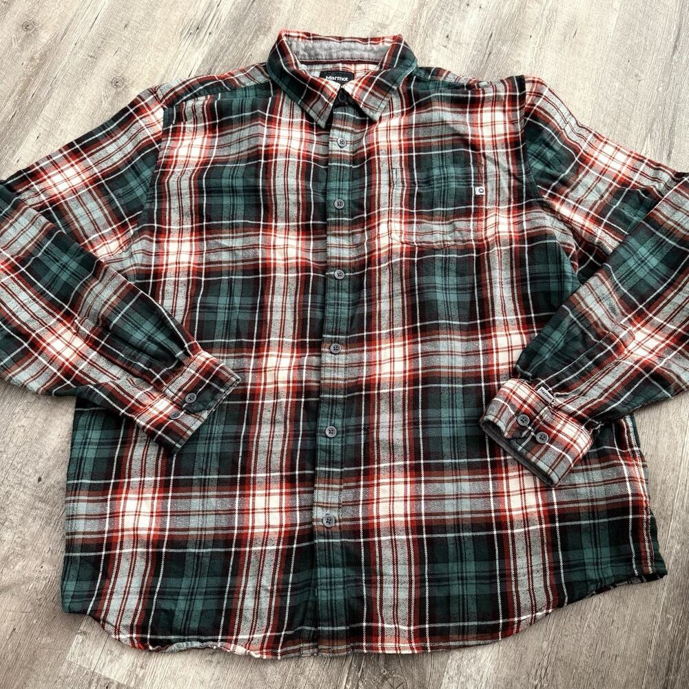 Marmot Flannel Shirt Mens XXL Green Rust Plaid Hiking Outdoor Long Sleeve